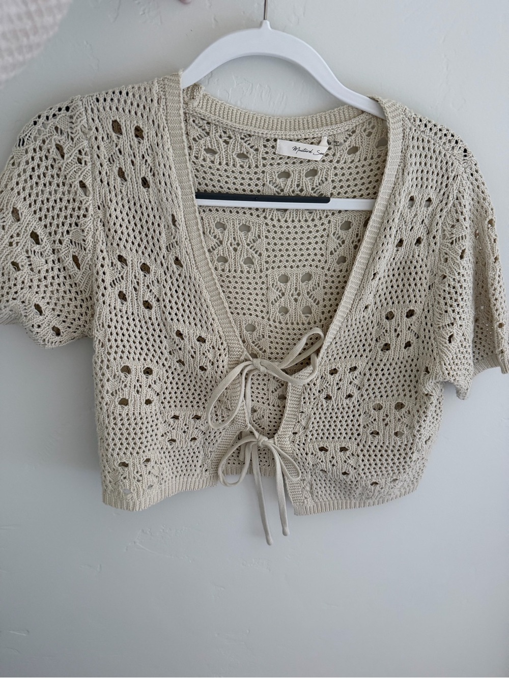Mustard Seed Cream Crochet Tie-Front V-Neck Sweater